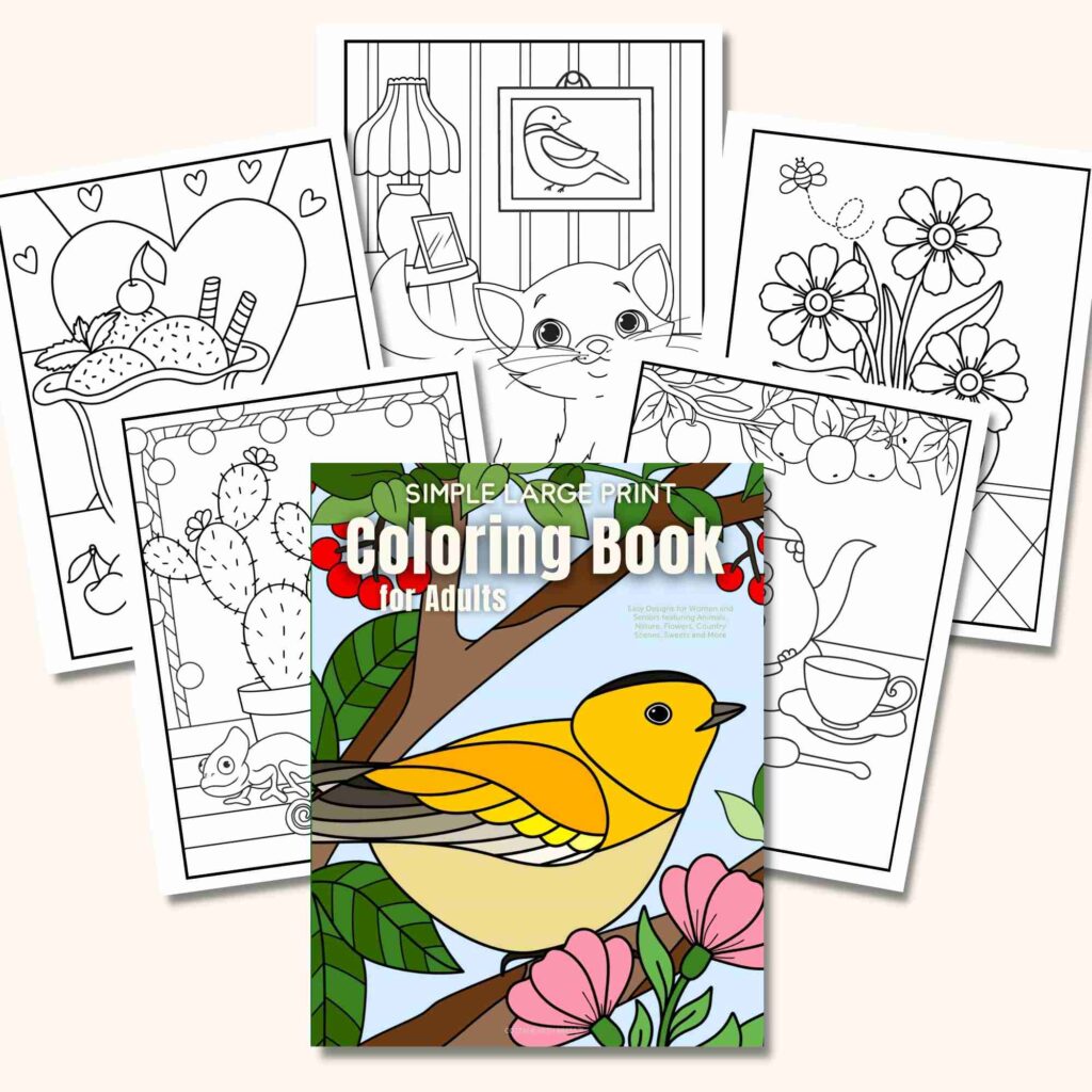 easy large print coloring book with cute bird on cover by cottage path press